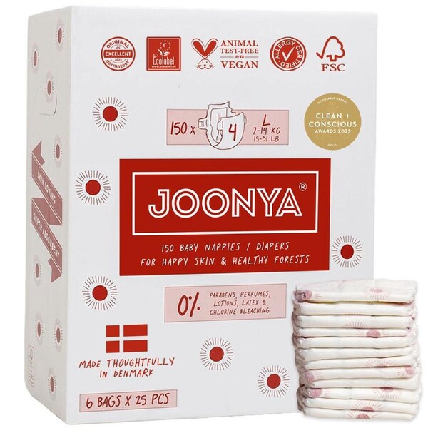 Joonya Nappies - 6 Bag Cartons Size 4 - L (7-14kg) - 6 bags of 25 (150)
