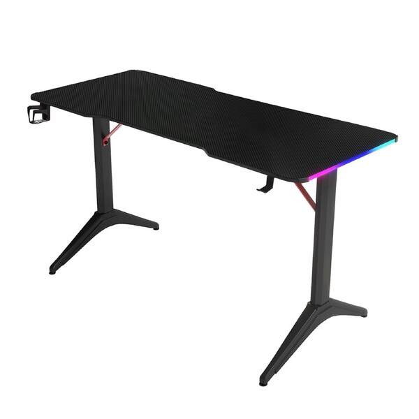 MIUZ Gaming Desk RGB LED Lights Carbon Fiber Table with Cup Holder Headphone Hook Black Steel Frame 140 x 60 x 74cm