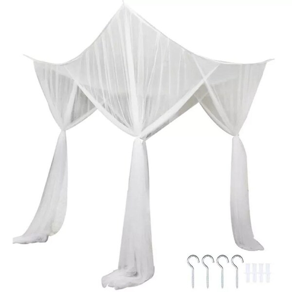 Post Bed Canopy 4 Corner Mosquito Net Netting Full Queen King Size Bedding White