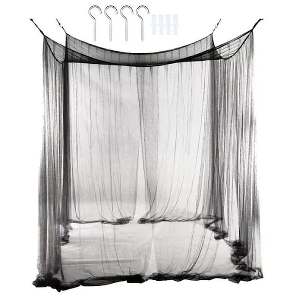 Post Bed Canopy 4 Corner Mosquito Net Netting Full Queen King Size Bedding Black