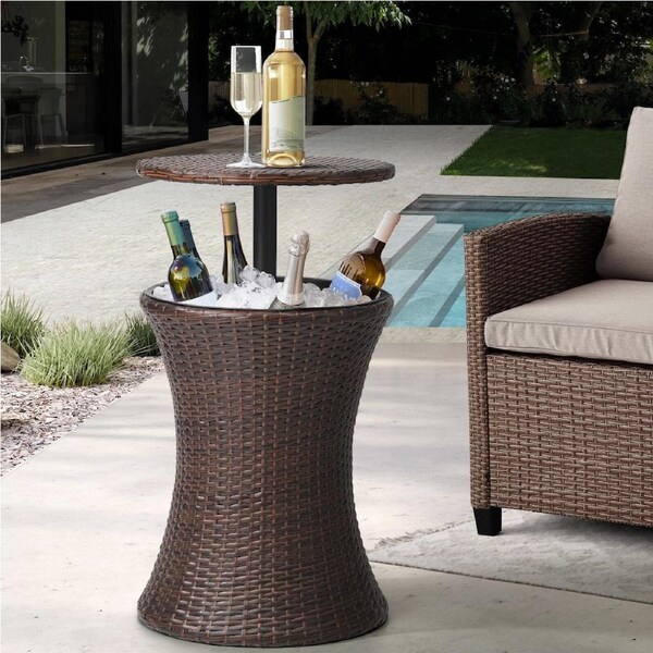 Livsip Rattan Cooler Ice Bucket Table Bar Outdoor Patio Pool Storage Adjustable Brown