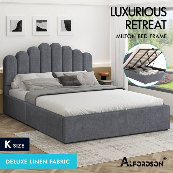 ALFORDSON Bed Frame Queen Double King Single Gas Lift Storage Base Wooden Grey King