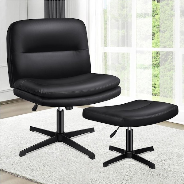 ALFORDSON Armless Office Chair Desk Leisure Seat with Ottoman PU Leather - Black