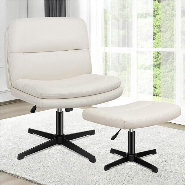 ALFORDSON Armless Office Chair Desk Leisure Seat with Ottoman Fabric - Beige