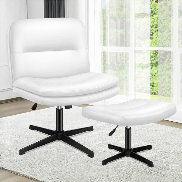 ALFORDSON Armless Office Chair Desk Leisure Seat with Ottoman PU Leather - White