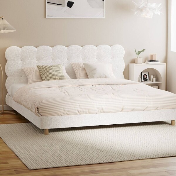 Oikiture Bed Frame Queen Double King Single Tufted Bedhead Boucle Fabric White King