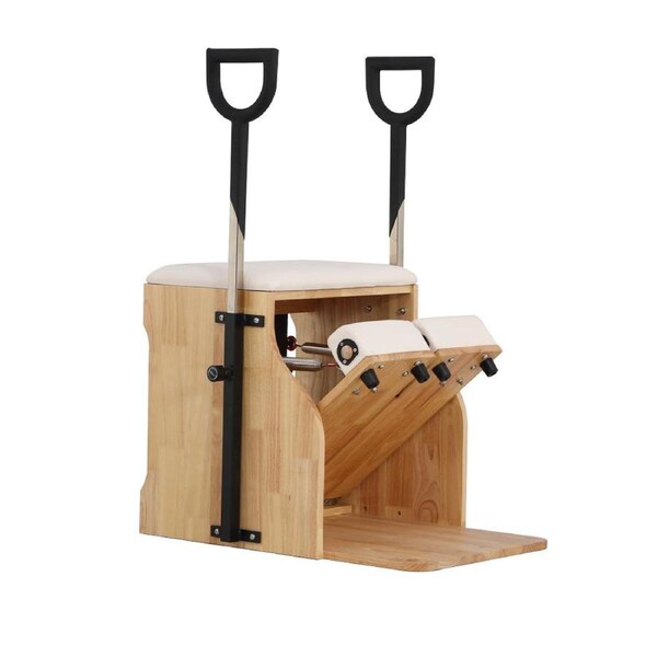 Eeeza Wooden Pilates Chair – Compact Dual Handle Wunda Chair with Rubberwood Frame white