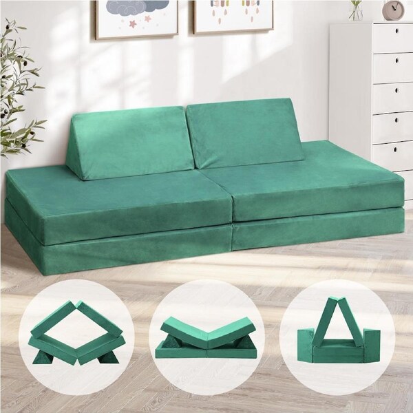 Oikiture 4Pcs Kids Play Couch Modular Lounge Cushion Convertible Playset 3 Colours Green