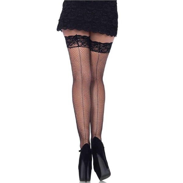 Black Fishnet Thigh High Stockings with Lace Top and Backseam One Size