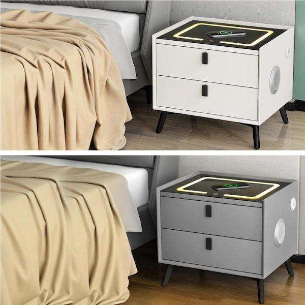 Artiss Smart Bedside Table 2 Drawers with Wireless Charging Ports LED AIKA Grey