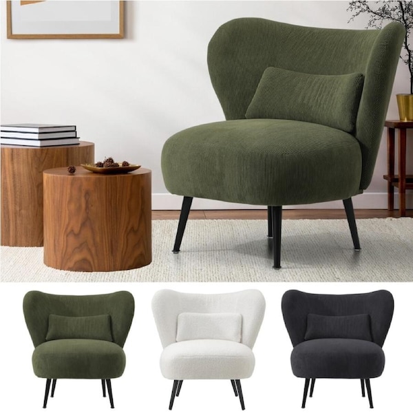 Oikiture Armchair Lounge Chair with Lumbar Pillow Wingback Velvet/Boucle Beige