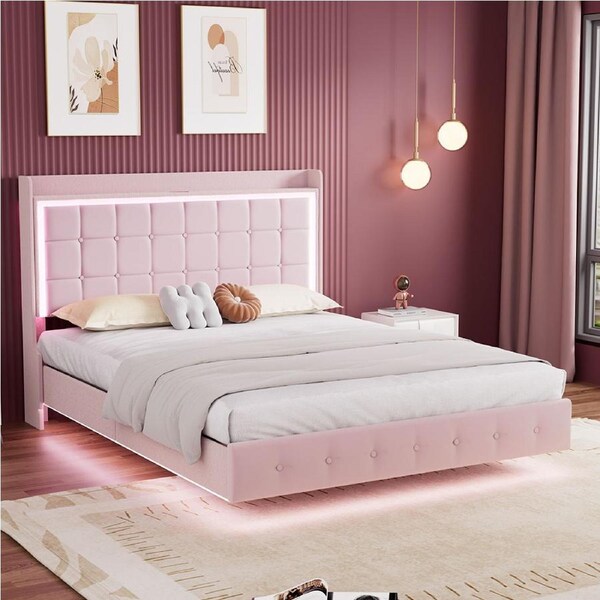 1 x Levede Floating Bed Frame with LED and USB Charging Pink Double/Queen Queen