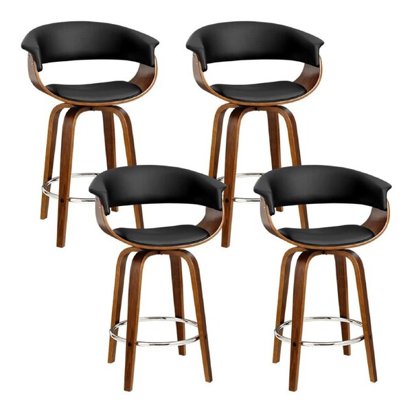 1x / 2x / 4x Artiss Bar Stools Kitchen Chairs Upholstered Wood Leather Fabric Cassius - Black x4