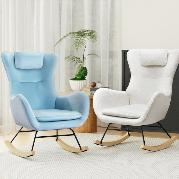 Artiss Rocking Armchair Accent Chair Nursing Feeding Lounge Aerofoil Pillow Ada Blue White White Teddy