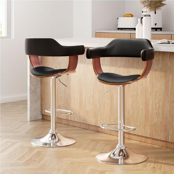 Artiss Bar Stools Kitchen Chairs Upholstered Leather Wood Metal x1/x2/x4 Selina - Black x2