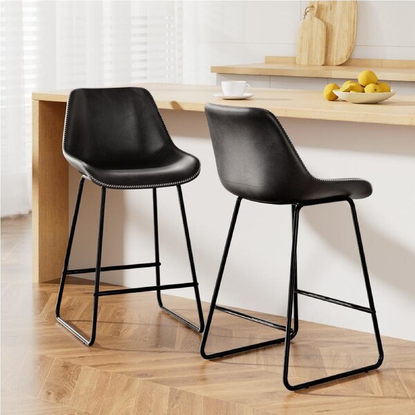 Artiss Bar Stools Kitchen Chairs Upholstered Leather Wood Metal x1/x2/x4 Fenella - Black x2