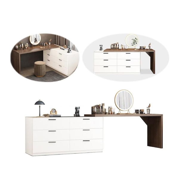 Foret Luxurious Office Desk Extendable L-shape Home Study Lowboy Storage Cabinet White & Brown