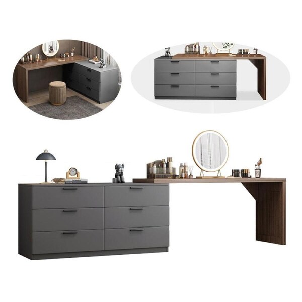 Foret Luxurious Office Desk Extendable L-shape Home Study Lowboy Storage Cabinet Dark Grey & Brown