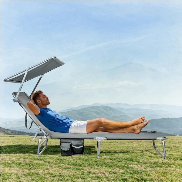 Levede Folding Beach Lounge Chair Portable Sun Lounger Deck Outdoor w/ Sunshade Khaki