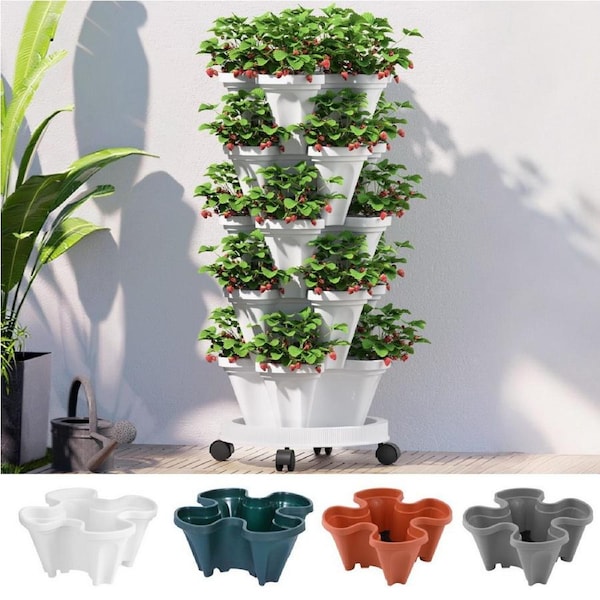Green Fingers Garden Bed 5 Tier Vertical Garden Strawberry Stackable Planters Herbs Petunias White Dark Green White