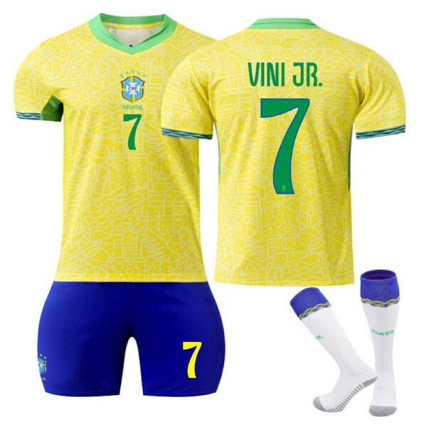 Nevenka Brazil Home VINI JR. #7 Jersey for Kids Adult 3 Pcs Soccer Outfits S