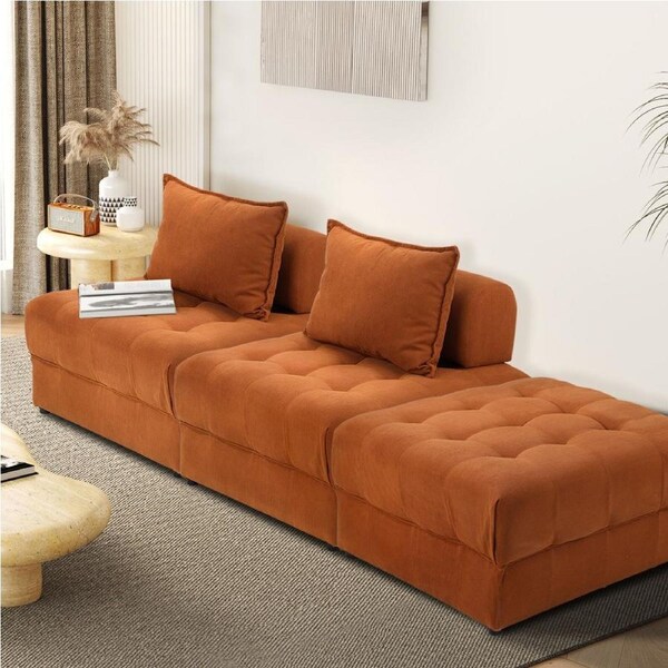 Oikiture 1-6 Seater Boucle/Velvet Modular Sofa & Ottoman Set Armless TOFU Back 2 Sofa Chairs + 1 Ottoman/Brown