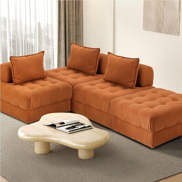 Oikiture 1-6 Seater Boucle/Velvet Modular Sofa & Ottoman Set Armless TOFU Back 3 Sofa Chairs + 1 Ottoman/Brown