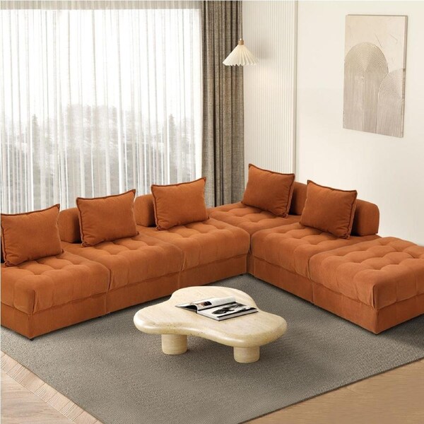 Oikiture 1-6 Seater Boucle/Velvet Modular Sofa & Ottoman Set Armless TOFU Back 5 Sofa Chairs + 1 Ottoman/Brown