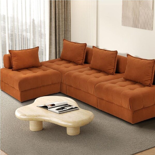 Oikiture 1-6 Seater Boucle/Velvet Modular Sofa & Ottoman Set Armless TOFU Back 4 Sofa Chairs/Brown