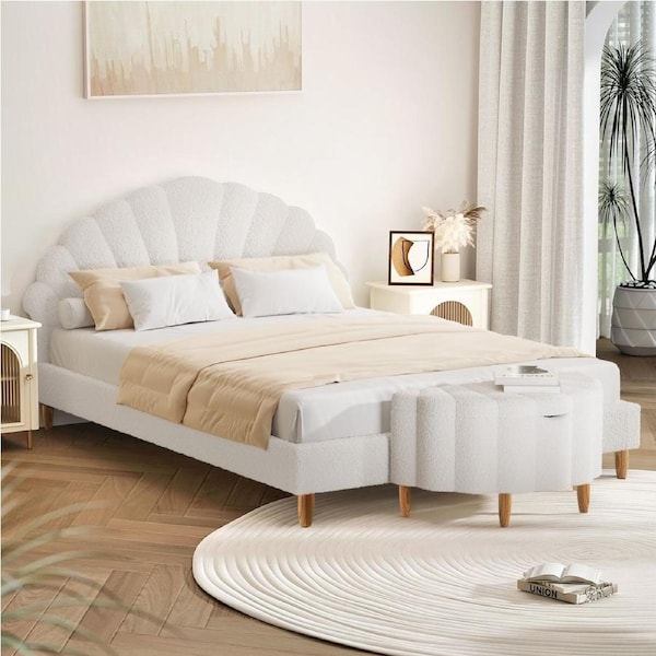 Oikiture Boucle Bed Frame and Ottoman Set Scallop Sherpa Bedhead Single Double Double with Ottoman