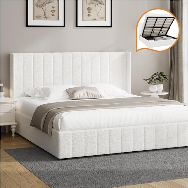 Oikiture Bed Frame Queen Double King Single Gas Lift Base with Storage Boucle King