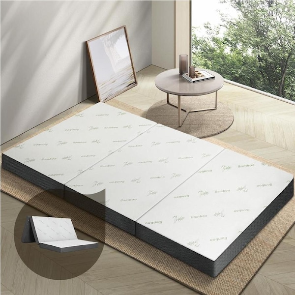 Bedra Folding Mattress Foldable Bed 3 4 Fold Sleeping Floor Mat Camping Cushion Model 6-White Bamboo-Double