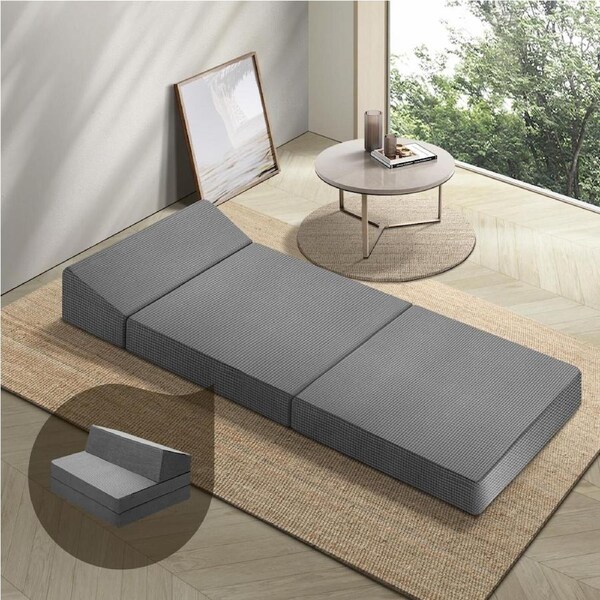 Bedra Folding Mattress Foldable Bed 3 4 Fold Sleeping Floor Mat Camping Cushion Model 7-Grey Corduroy-Single