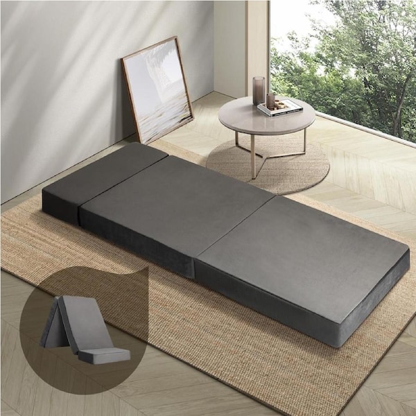 Bedra Folding Mattress Foldable Bed 3 4 Fold Sleeping Floor Mat Camping Cushion Model 3-Dark Grey Velvet-Single