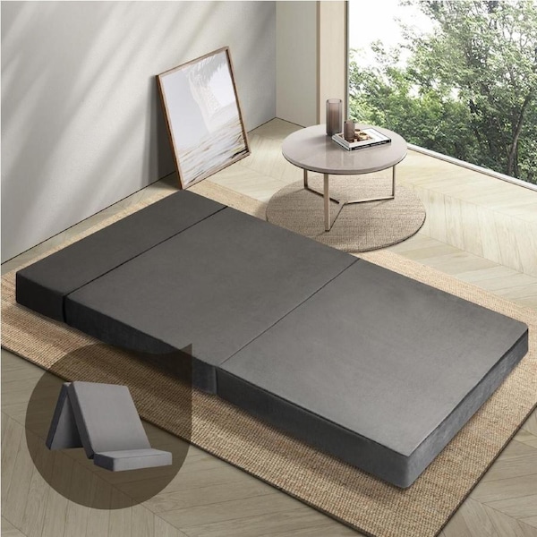 Bedra Folding Mattress Foldable Bed 3 4 Fold Sleeping Floor Mat Camping Cushion Model 4- Dark Grey Velvet-Double