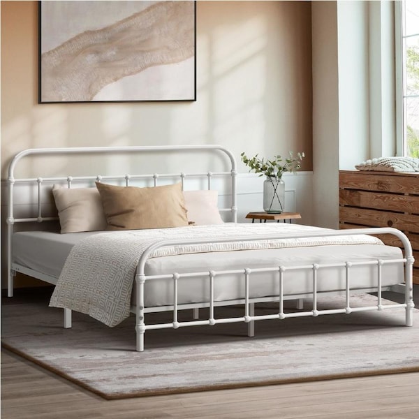 Oikiture Metal Bed Frame Queen Double King Single Size Bed Base White Double
