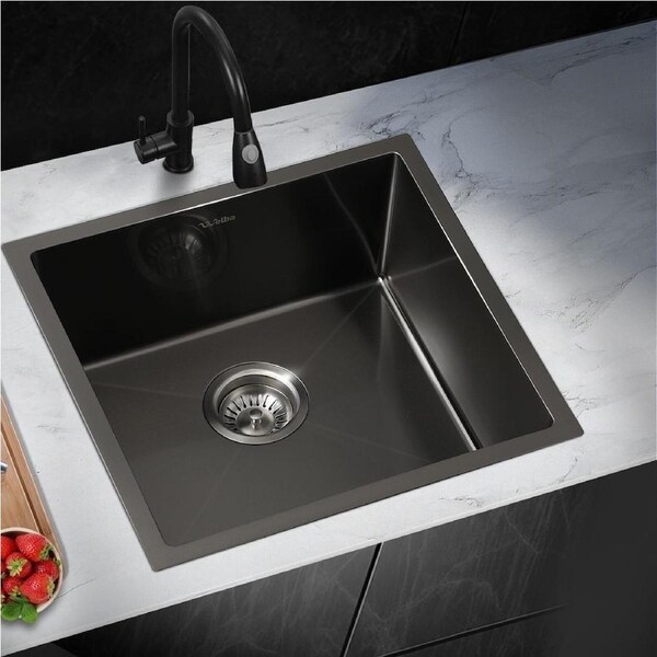 Welba Kitchen Sink Stainless Steel Single Double Bowl Basin With Waste Black 440x440mm
