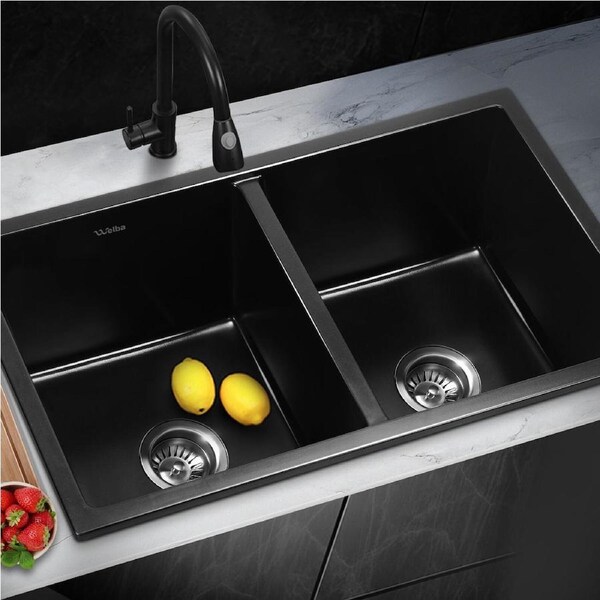 Welba Kitchen Sink Granite Stone Sink Basin Single Double Bowl Black 770x450mm