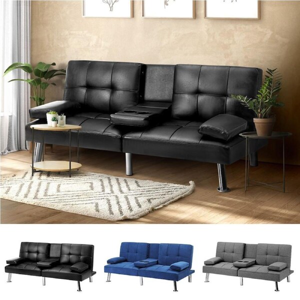Oikiture Sofa Bed Lounge 3 Seater Futon Couch Recliner Cup Holder Fabric/Leather/Velvet Fabric Grey