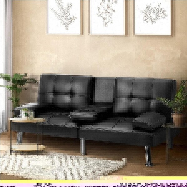 Oikiture Sofa Bed Lounge 3 Seater Futon Couch Recliner Cup Holder Fabric/Leather/Velvet PU Leather Black