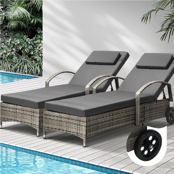 Livsip Sun Lounge Wicker Lounger Setting Day Bed Wheel Patio Outdoor Furniture 2x Grey