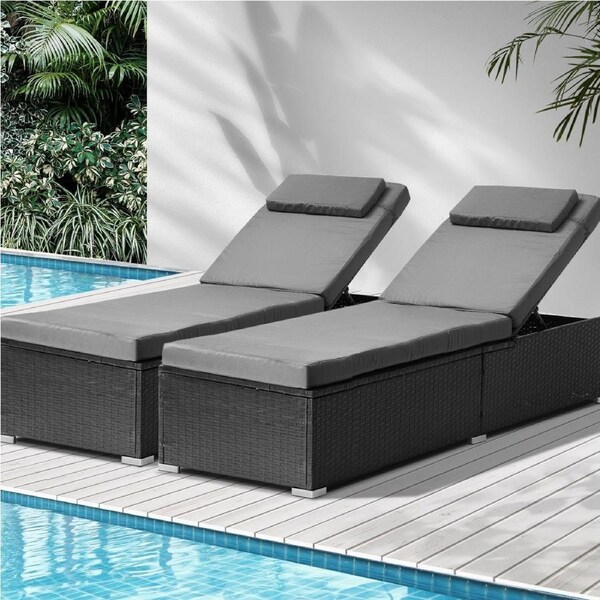 Livsip Outdoor Sun Lounge Wicker Lounger Setting Day Bed Pool Patio Furniture 2X Black