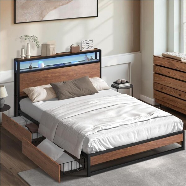 Oikiture Metal Bed Frame Queen Double King LED Headboard Storage Drawers USB King