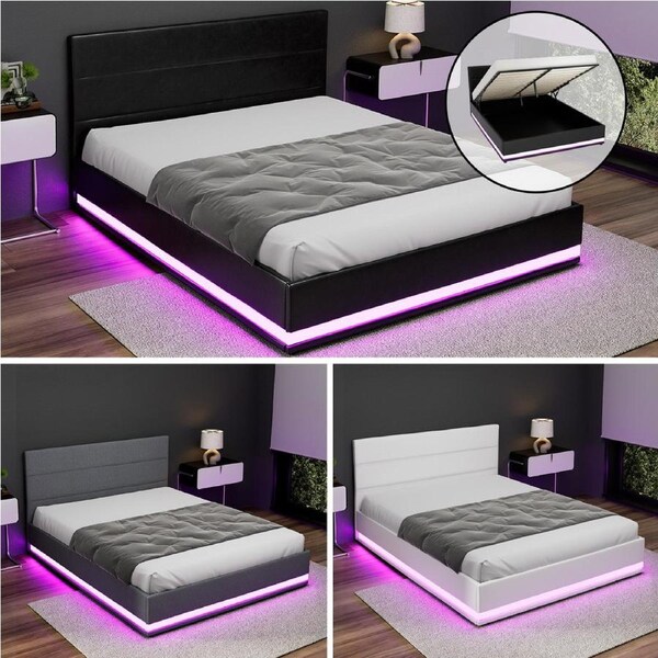 Artiss Bed Frame RGB LED Gas Lift Storage LUMI Series Double Queen Double / Black