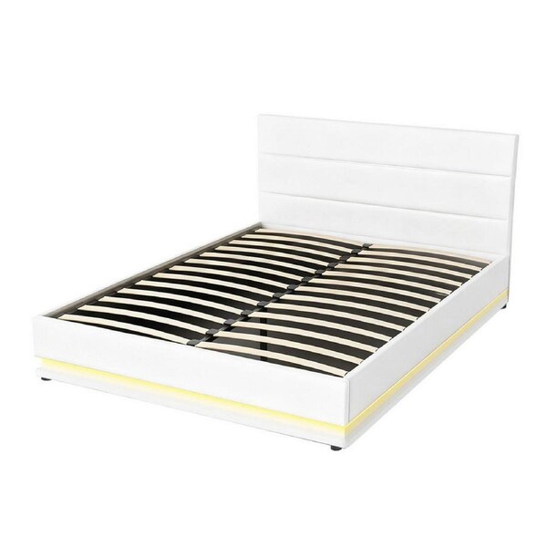 Artiss Bed Frame RGB LED Gas Lift Storage LUMI Series Double Queen Queen / White