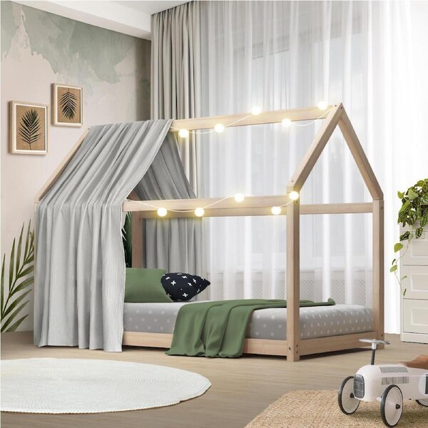 Oikiture Kids Bed Frame Single Wooden Timber Pine House Platform Single Beds Model 5-Wooden