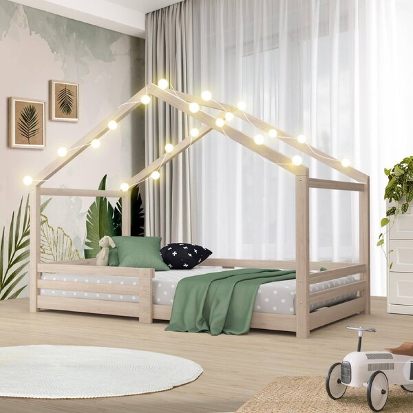 Oikiture Kids Bed Frame Single Wooden Timber Pine House Platform Single Beds Model 4-Wooden