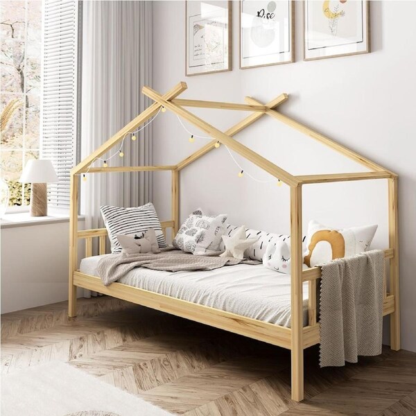 Oikiture Bed Frame Wooden Single Timber House Base Beds Pine Storage Drawers Natural without drawer