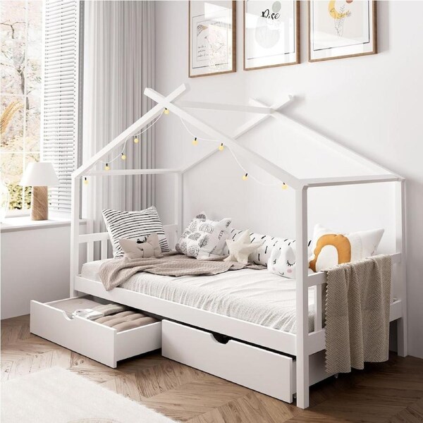 Oikiture Bed Frame Wooden Single Timber House Base Beds Pine Storage Drawers White with 2 drawers