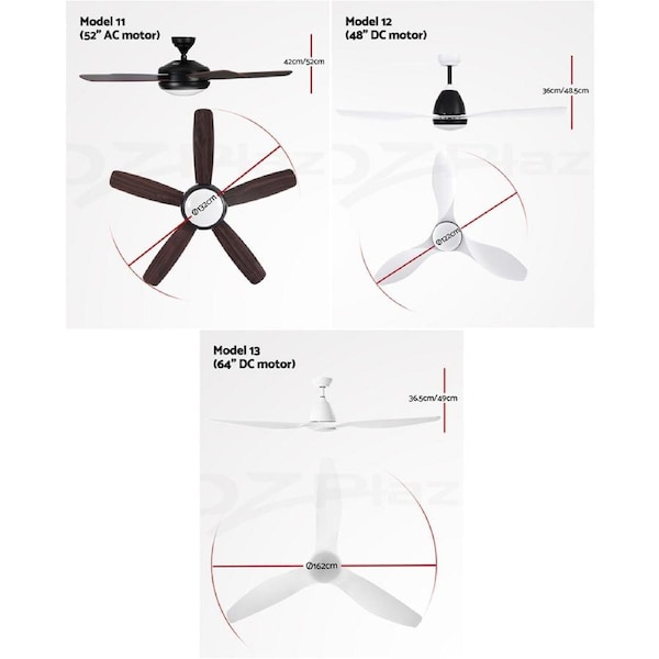 Devanti 48" 52" 64" Ceiling Fan AC DC Motor Fans Light LED Remote Control Model 9